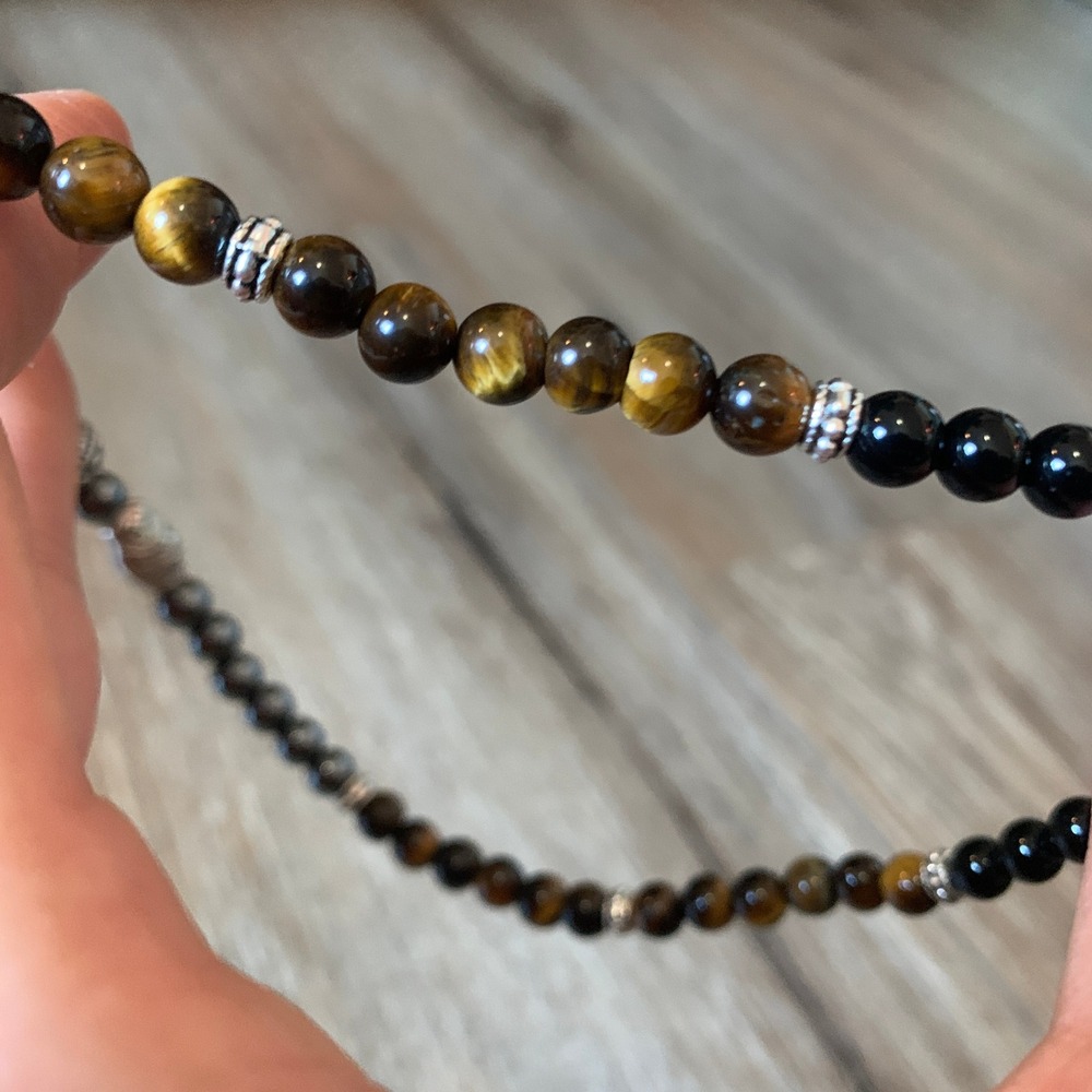 Tigers Eye Hematite Onyx Beaded Buddha Necklace - Spiritual Boho - 16in